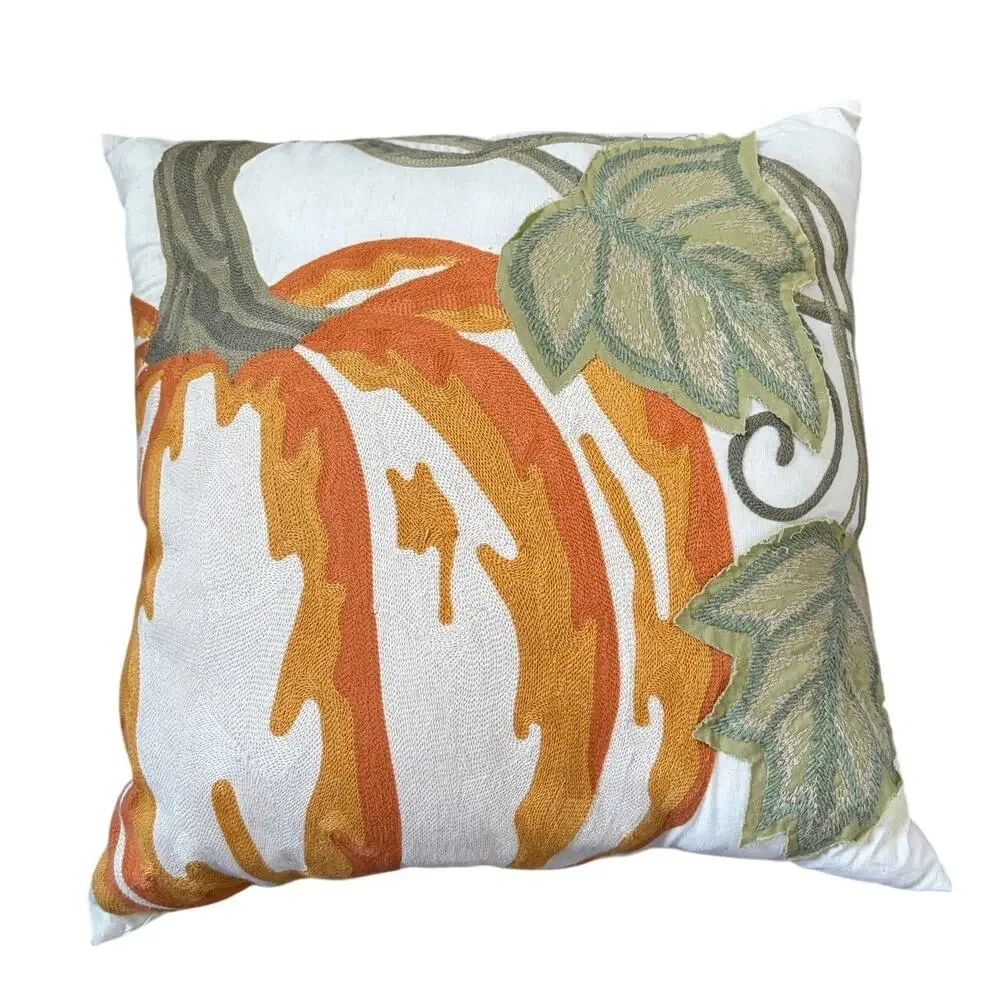 Autumn Fall Harvest Decorative Embroidered Pumpkin Throw Pillow 18x18